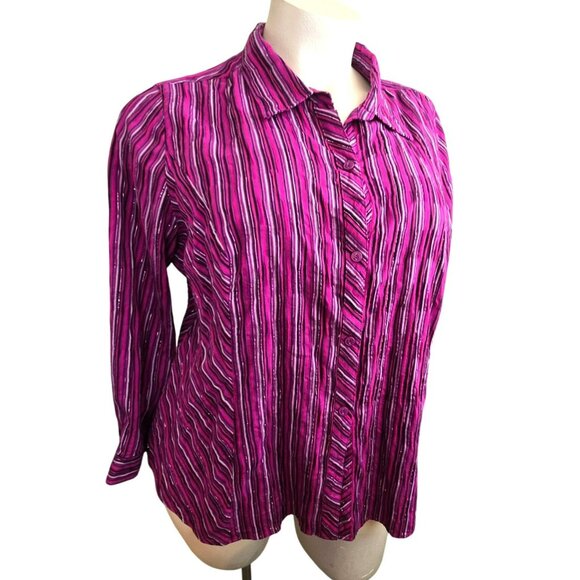 Catherines Womens 2X 22/24W Purple Pink Silver Striped Button-Up Shirt JJ4061 - Picture 1 of 9